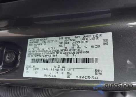 2021 Ford F-150 Xlt из США, поврежденный, VIN 1FTEW1CPXMFC91595